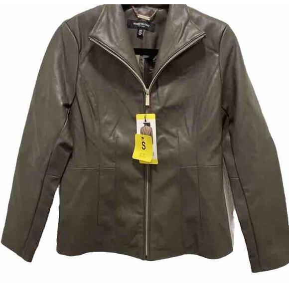 NWT KENNETH COLE WOMEN'S GRAY FAUX LEATHER STANDUP COLLAR ZIP JACKET SZ ~S - Picture 4 of 7